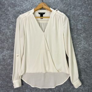 White House Black Market Shirt Womens 2 White V Neck Wrap Long Sleeve Blouse
